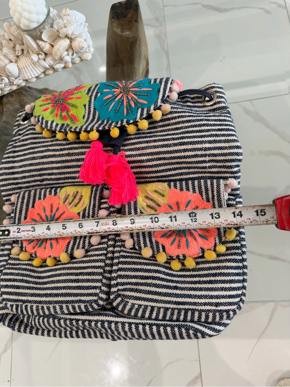 Striped Embroidered Pom-Pom Hobo Bag - Multicolor